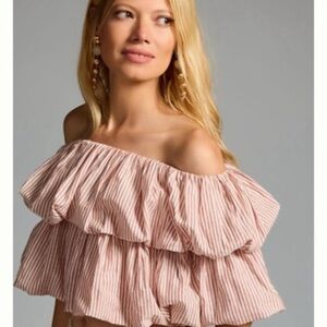 Anthropologie Pink & White Striped Off-Shoulder Ruffle Blouse